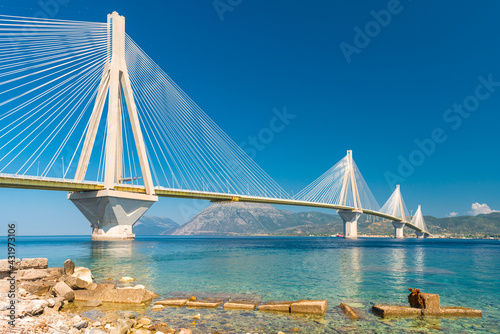 Modern Bridge Rion-Antirion. The bridge connecting the cities of Patras and Antirrio, Greece photo