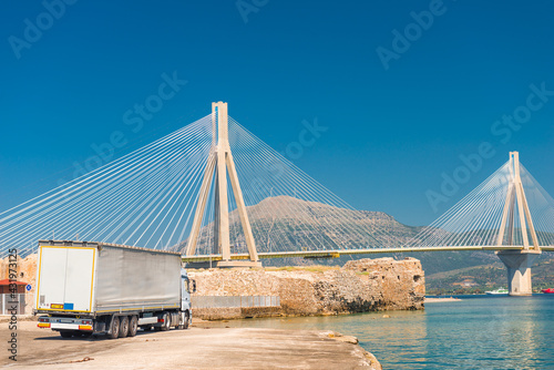 Modern Bridge Rion-Antirion. The bridge connecting the cities of Patras and Antirrio, Greece #431973125