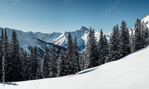 Namloser Wetterspitze mountain seen through Steinkarspitze during winter, Lechtal Alps, Tyrol, Austria photo