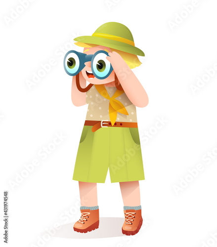 Cute Kid boy dressed in jungle safari clothes looking into binocular amazed and smiling. Vector in watercolor style cartoon for children, isolated clipart.