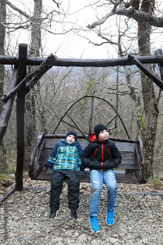 Boys sit on swing on Bear mountain photo