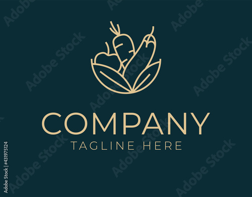 vegetables Logo Design Template. organic shop, health food store or vegetarian cafe Icon Line Art Vector