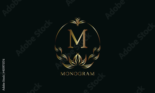 Vintage gorgeous royal monogram with letter M on a dark background. Exquisite gold floral logo for business, restaurant, boutique, cafe, hotel, etc.