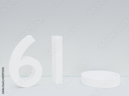 Scene with podium for mock up presentation in white color, minimalism style and number 61 with copy space, 3d render abstract background