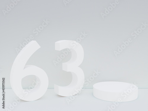 Scene with podium for mock up presentation in white color, minimalism style and number 63 with copy space, 3d render abstract background
