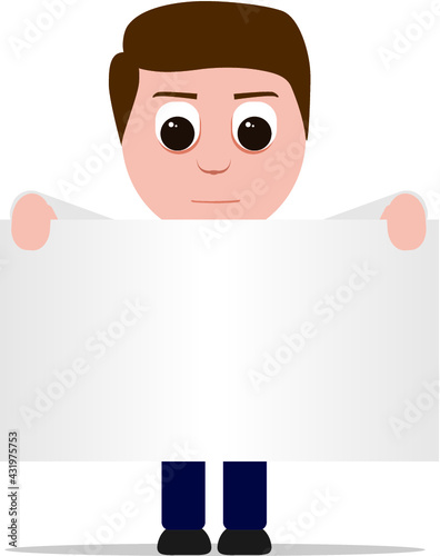 Personaje ilustrado con un cartel en las manos sobre fondo blanco