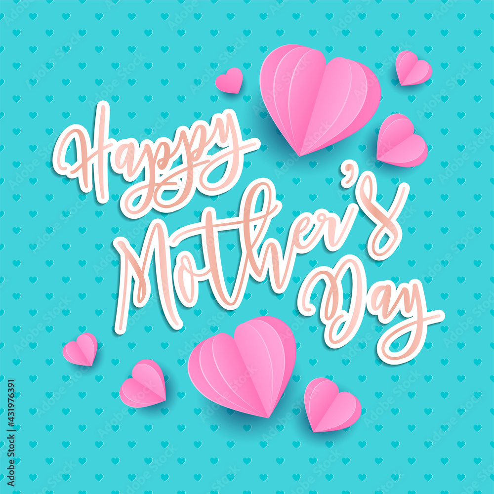 Happy Mother's Day card with paper hearts. Decorative paper cut heart. Paper craft digital art. Romantic love pink and mint color background