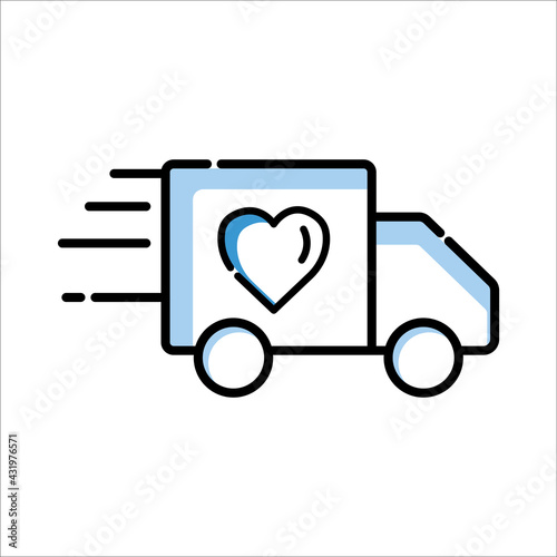 Truck icon with heart. charity symbol, donation. Two Tone line colored Design. the icon can be used for application icon, web icon, infographics. Editable stroke. Design template vector