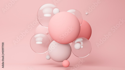 Three dimensional render of pastel colored bubbles floating against pink background photo