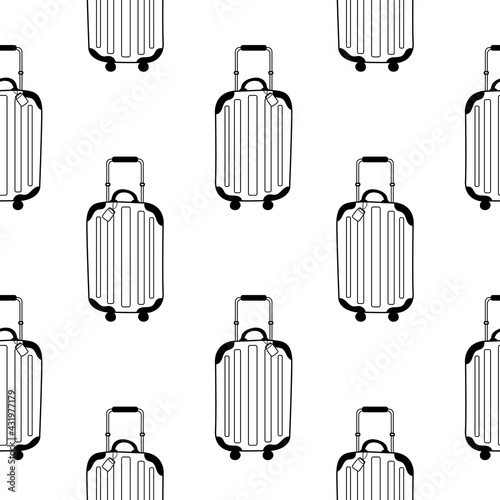 Vector seamless pattern with a modern suitcase wheelie pattern in doodle style on a white background. Illustration for postcards, packaging, clothing, travel