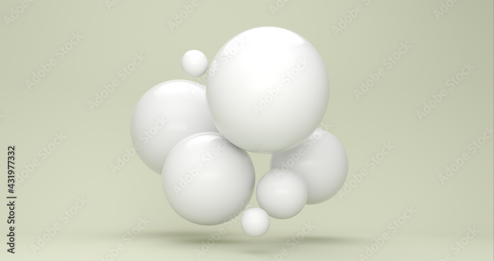 Three dimensional render of white bubbles floating against green background Three dimensional render of white bubbles floating against green background
