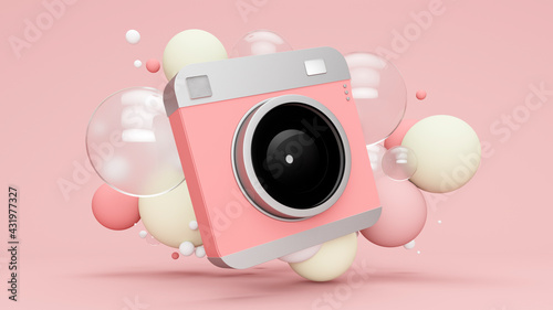 Three dimensional render of old-fashioned camera floating with various bubbles against pink background photo