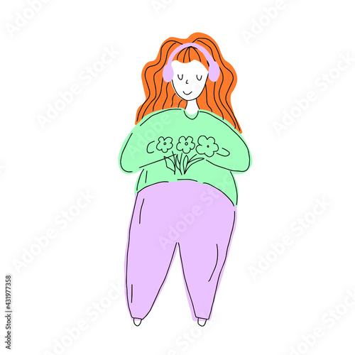 Young girl in headphones listening to music, vector hand drawing