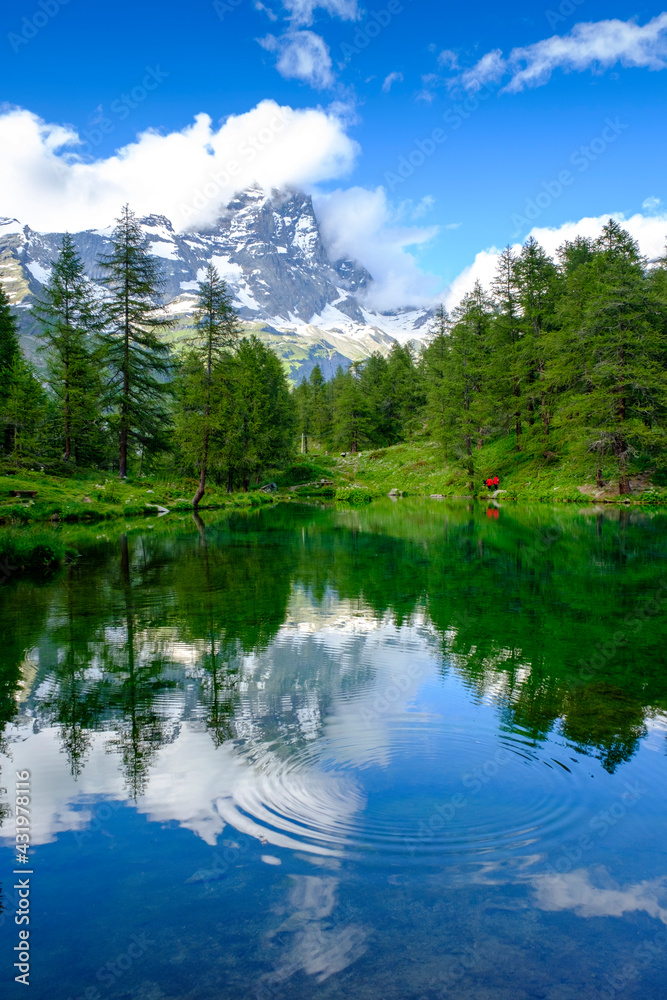 Scenic view of Lago Blu in spring with Matterhorn in background Scenic view of Lago Blu in spring with Matterhorn in background