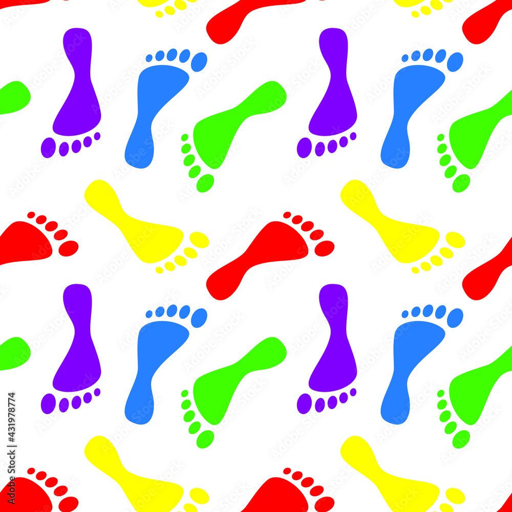 Colorful human footprints silhouette paths on white background. Clip-art vector illustration. Seamless pattern. Colorful human footprints silhouette paths on white background. Clip-art vector illustration. Seamless pattern.
