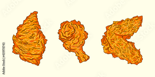 set hand drawn fried chicken 