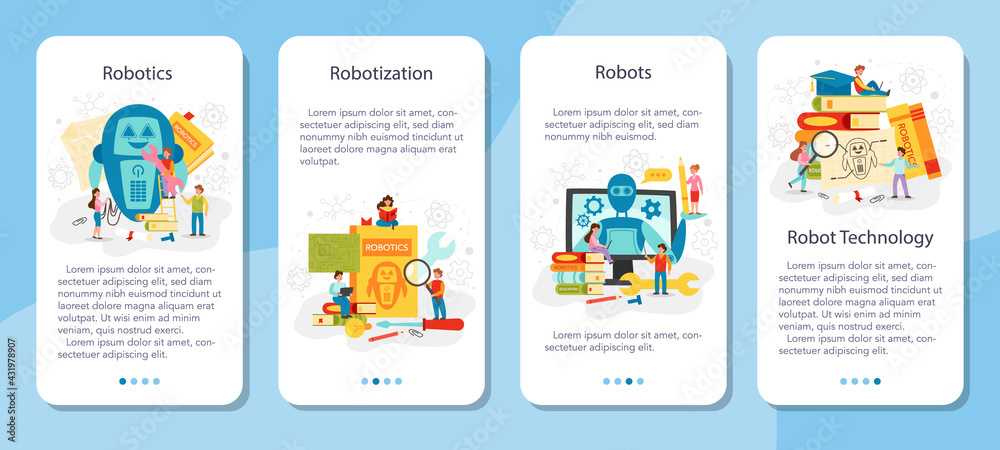 Robotics school subject mobile application banner set. Robot engineering