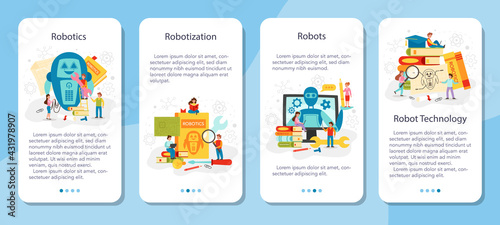 Robotics school subject mobile application banner set. Robot engineering