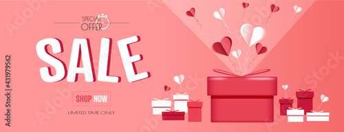 Sale banner with presents. Flat vector illustration.