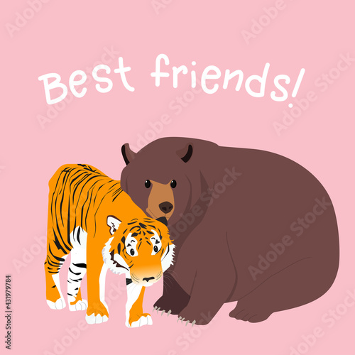 Best friends - tiger and bear. Greeting card. Vector illustration on pink background.
