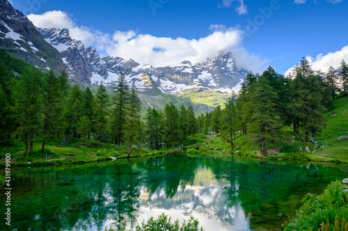Scenic view of¬†Lago¬†Blu in spring with¬†Matterhorn in background