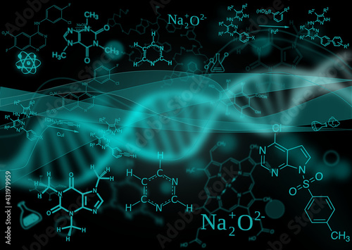 graphic abstraction of chemistry, biology, medicine, chemical formulas and dna