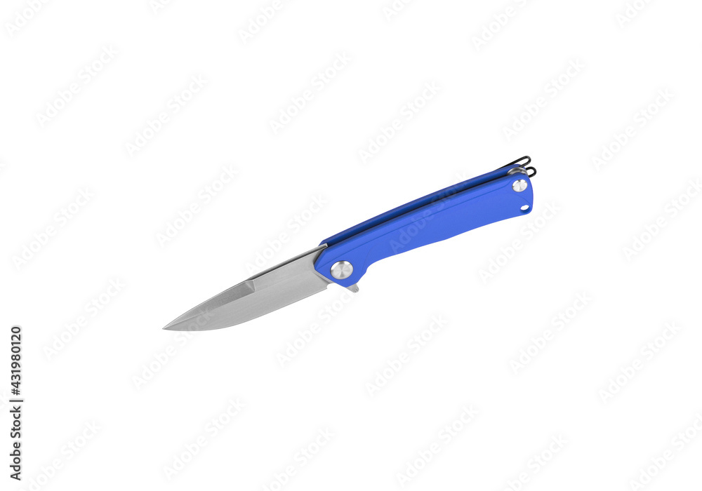 Blue pocket folding knife isolate on white back. Compact metal sharp knife with a folding blade. Blue pocket folding knife isolate on white back. Compact metal sharp knife with a folding blade.