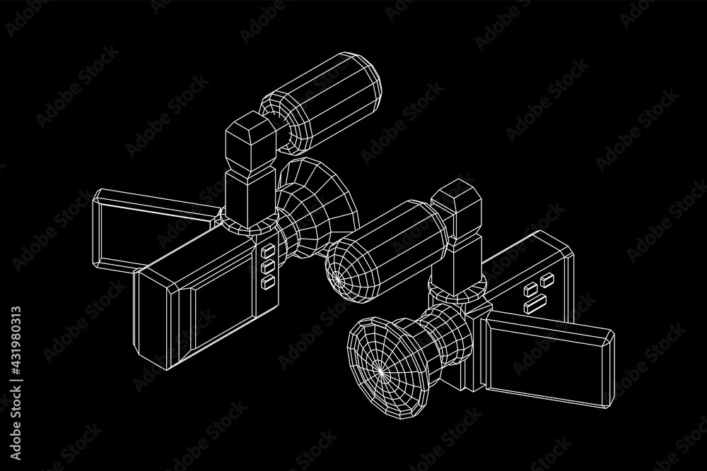 Digital video hand-held camera with rotating screen and external microphone. Wireframe low poly mesh vector illustration.