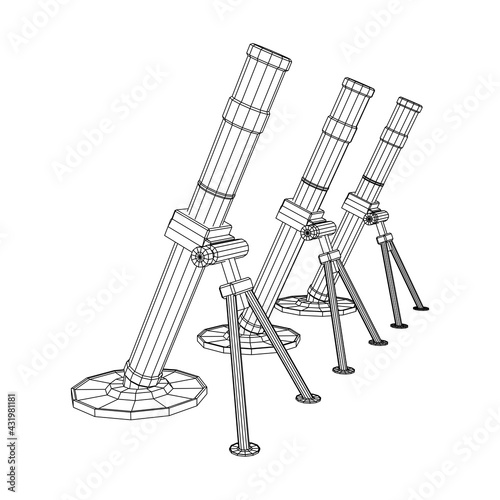 Firearm weapon army mortar and mine. Wireframe low poly mesh vector illustration