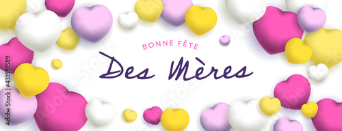 Bonne fête des mères, sous forme de carte ou bannière, poster ou flyer, avec des gros coeurs jaunes, roses et blancs
