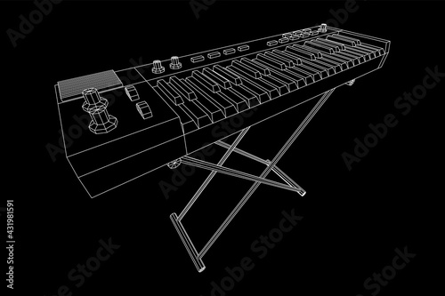 Piano roll analog synthesizer faders buttons knobs. Wireframe low poly mesh vector illustration.