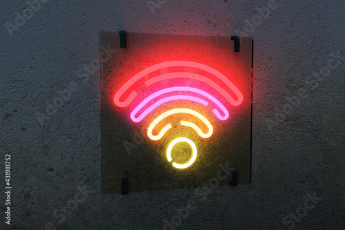 Illuminated WiFi sign against black wall
