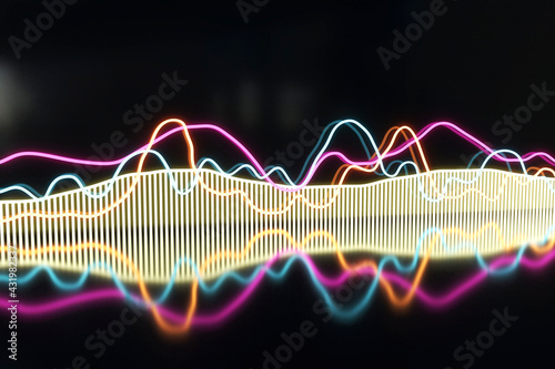 Illuminated colorful frequency pattern against black background photo