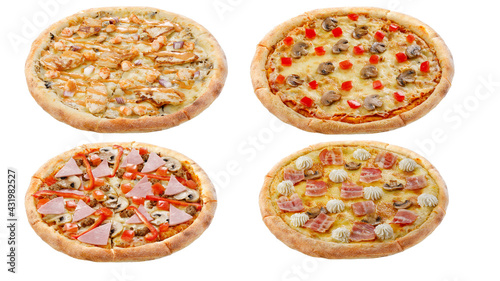 Set of four pizzas isolated on white background. Italian food concept. Appetizing pizza.