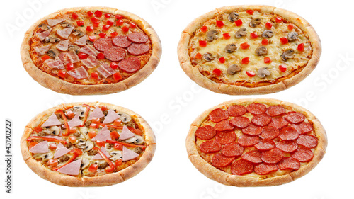 Set of four pizzas isolated on white background. Italian food concept. Appetizing pizza.