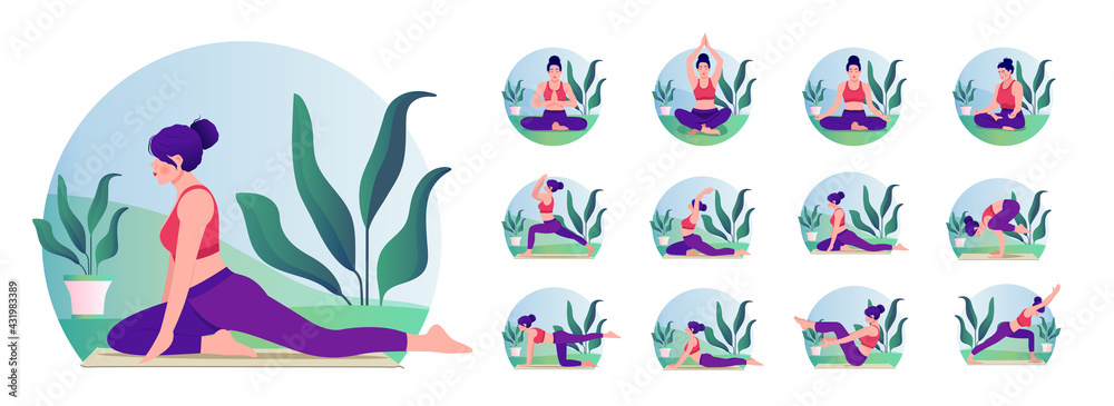 Yoga Poses Set. Young woman practicing Yoga pose. Woman workout fitness, aerobic and exercises. Vector Illustration.