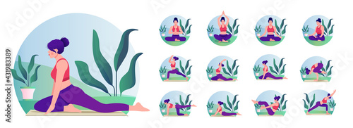 Yoga Poses Set. Young woman practicing Yoga pose. Woman workout fitness  aerobic and exercises. Vector Illustration.