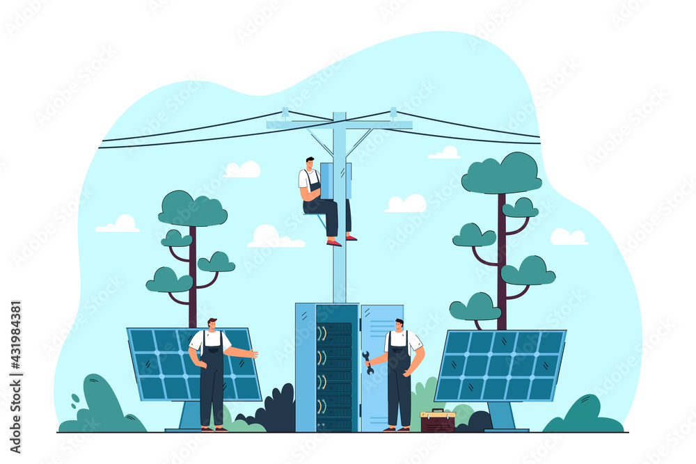 Electricians repairing electrical and solar panels on streets. Flat vector illustration. Masters fixing electrical equipment on ground and electric pole. Electricity, repair, service, safety concept - obrazy, fototapety, plakaty 