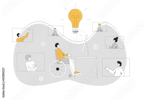 Online meeting. Remote teamwork. People talking to each other online and brainstorming. Internet webinar or online video training. Vector line art flat illustration.