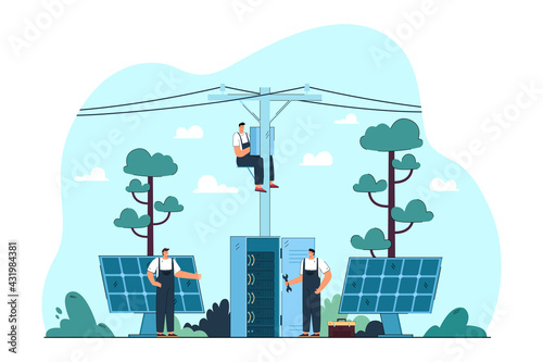Electricians repairing electrical and solar panels on streets. Flat vector illustration. Masters fixing electrical equipment on ground and electric pole. Electricity, repair, service, safety concept