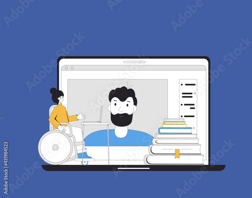 Home schooling. Online personal education for teenagers. Digital learning. Female  young student in wheelchair in virtual classroom have a lesson. Video course. Vector line art illustration.