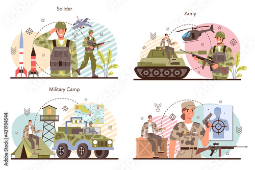 Soldier concept set. Millitary force employee in camouflage with a weapon.
