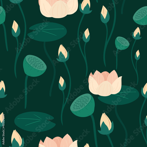 Seamless pattern with lotus and water lily blooming on a dark green background