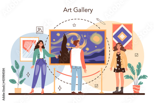 Art gallery concept. People in the museum. Famous pictures on the wall