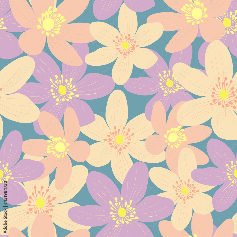 Seamless pattern with many colorful flowers, pink and violet on a neutral background