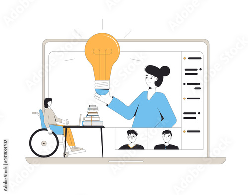 Home schooling. Online group diverse education for teenagers. Digital inclusion learning. Young student in wheelchair in virtual classroom have a lesson. Video course. Vector concept illustration.