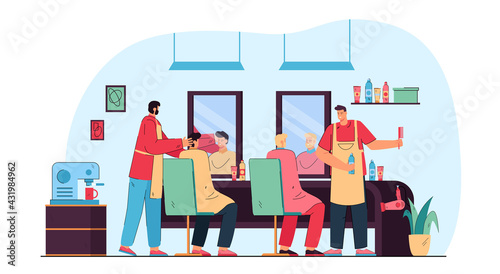 Cartoon men getting their hair cut in barbershop. Flat vector illustration. Clients sitting in front of mirrors, hairdressers in aprons in salon. Hair care, beauty, business, service concept