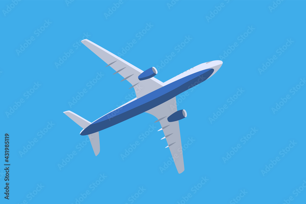 Obraz premium Passenger plane in flight on a blue background. Vector illustration of an airplane