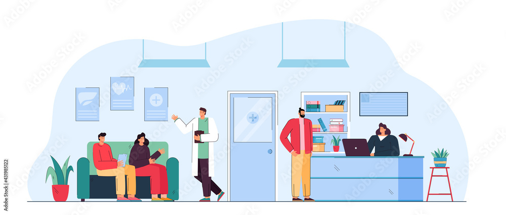 People sitting in waiting room of medical clinic. Flat vector illustration. Patients sitting on couch in reception area, talking with doctor and receptionist. Waiting, interior, medicine concept