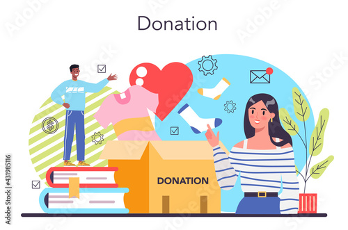 Charity concept. People or volunteer donate stuff to help people.